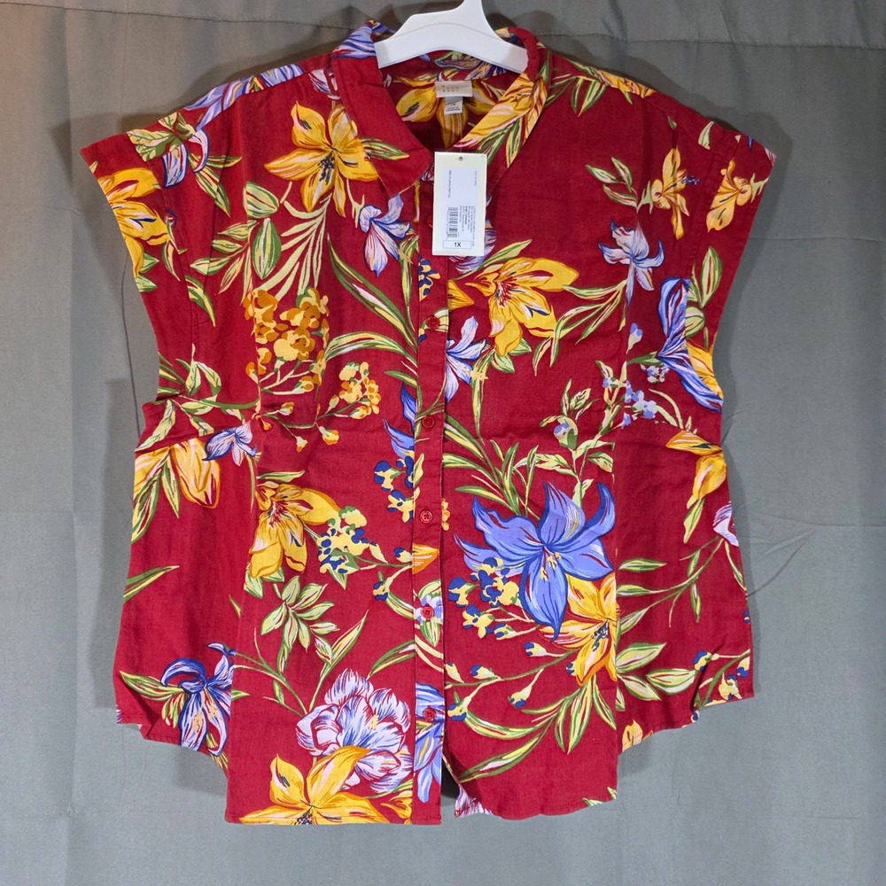 A New Day Womens Red Floral Linen Blend Button Down Shirt 1X Tropical Sleeveless